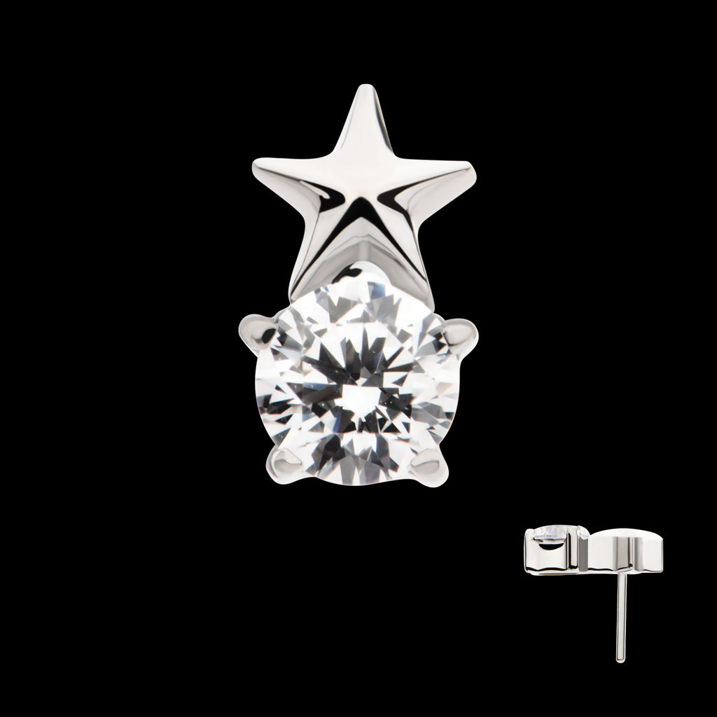 Star with Prong Set Round CZ Flatback Stud Earring / Nosering - CZ in Titanium