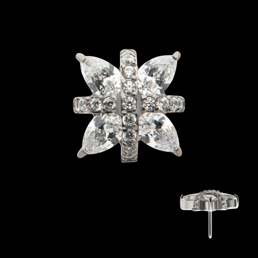 Paved CZ Cross with Pronged Marquise CZ Flower Flatback Stud Earring / Nosering - CZ in Titanium
