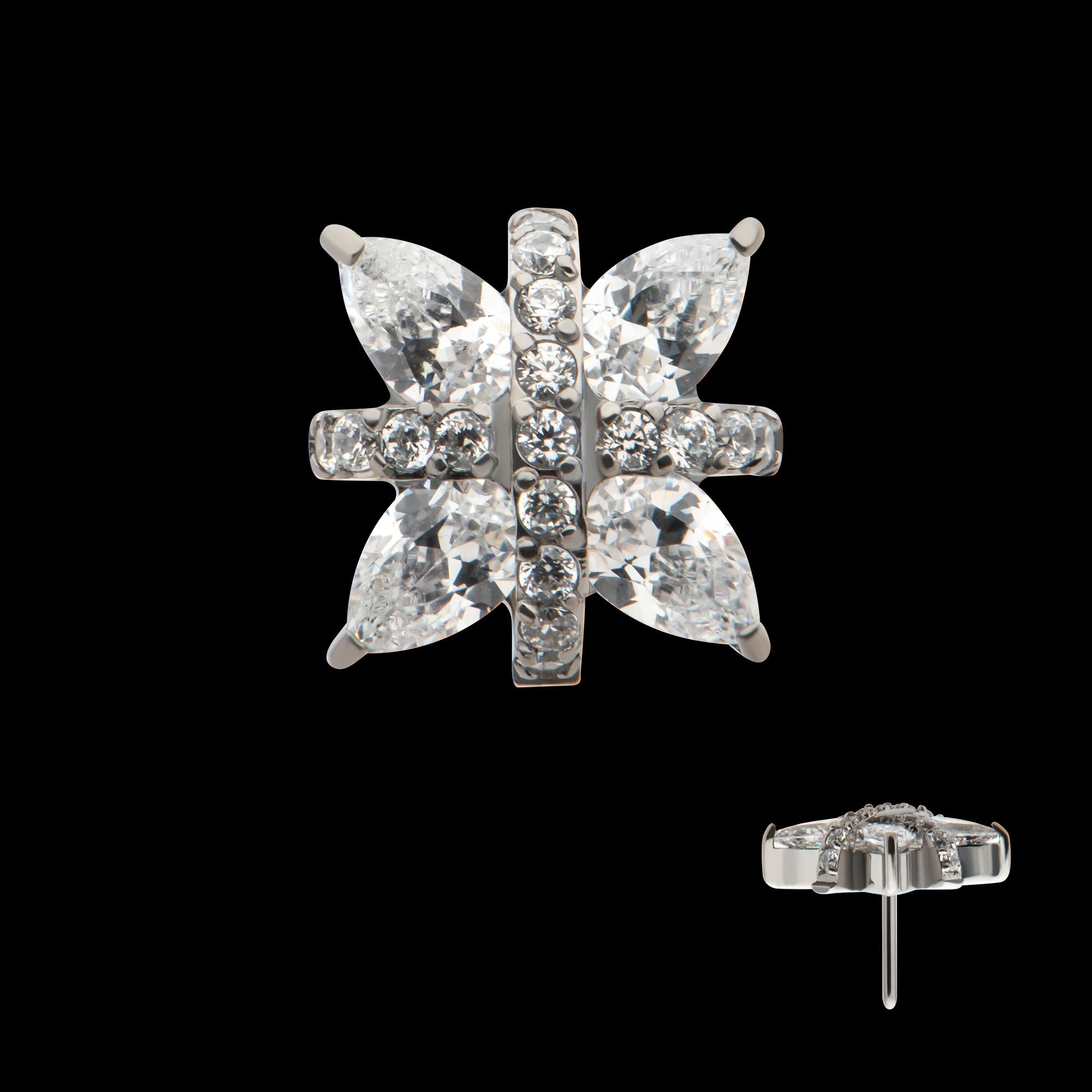 Paved CZ Cross with Pronged Marquise CZ Flower Flatback Stud Earring / Nosering - CZ in Titanium
