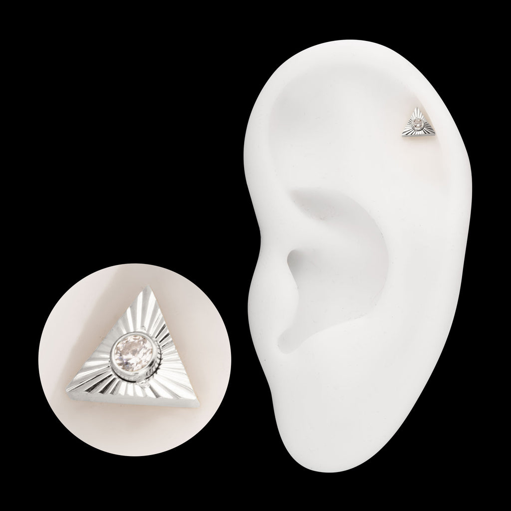 Corrugated Triangle with Bezel Gem Flatback Stud Earring / Nosering - Gem in Titanium
