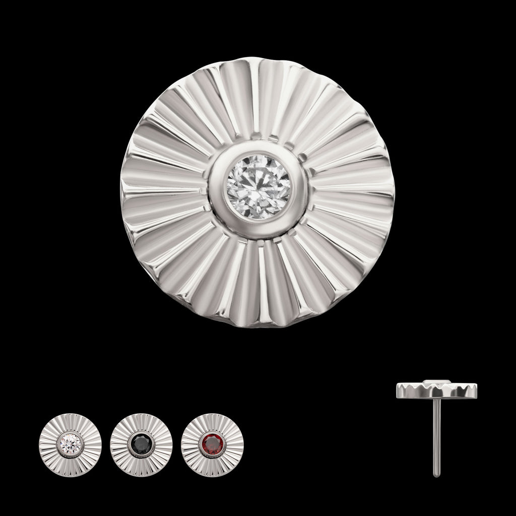 Radiant Corrugated Round with Bezel Gem Flatback Stud Earring / Nosering - Gem in Titanium