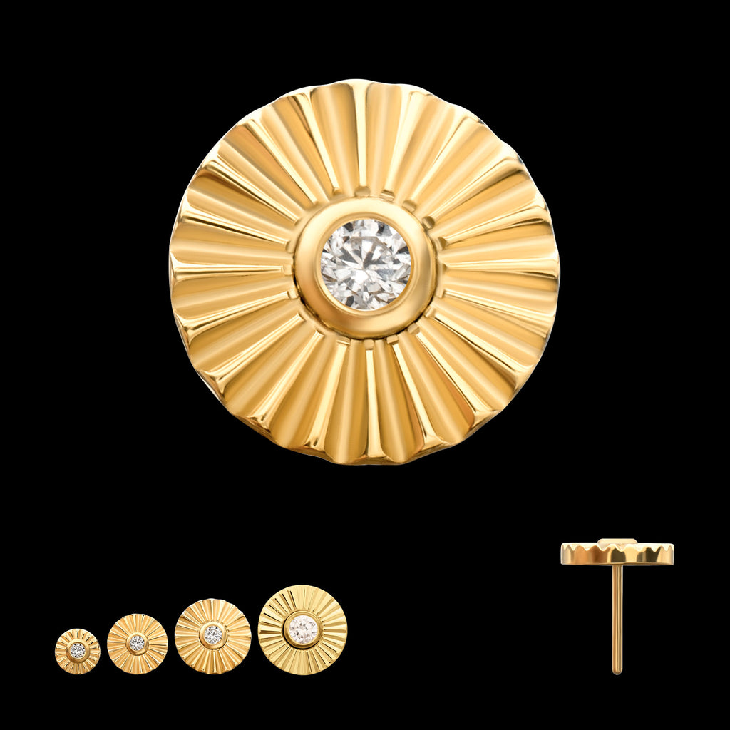 Radiant Corrugated Round with Bezel Gem Flatback Stud Earring / Nosering - Gem in 24Kt Gold PVD Titanium