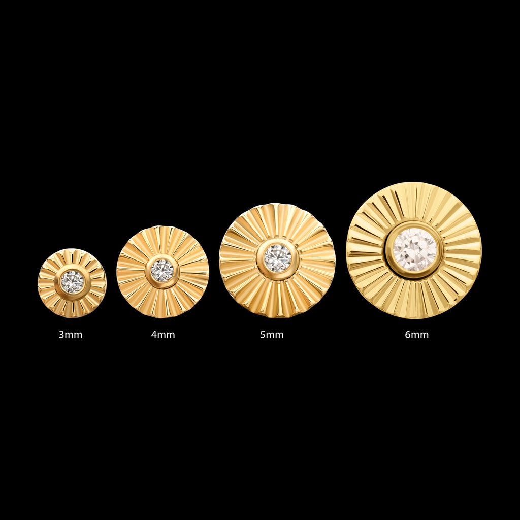 Radiant Corrugated Round with Bezel Gem Flatback Stud Earring / Nosering - Gem in 24Kt Gold PVD Titanium