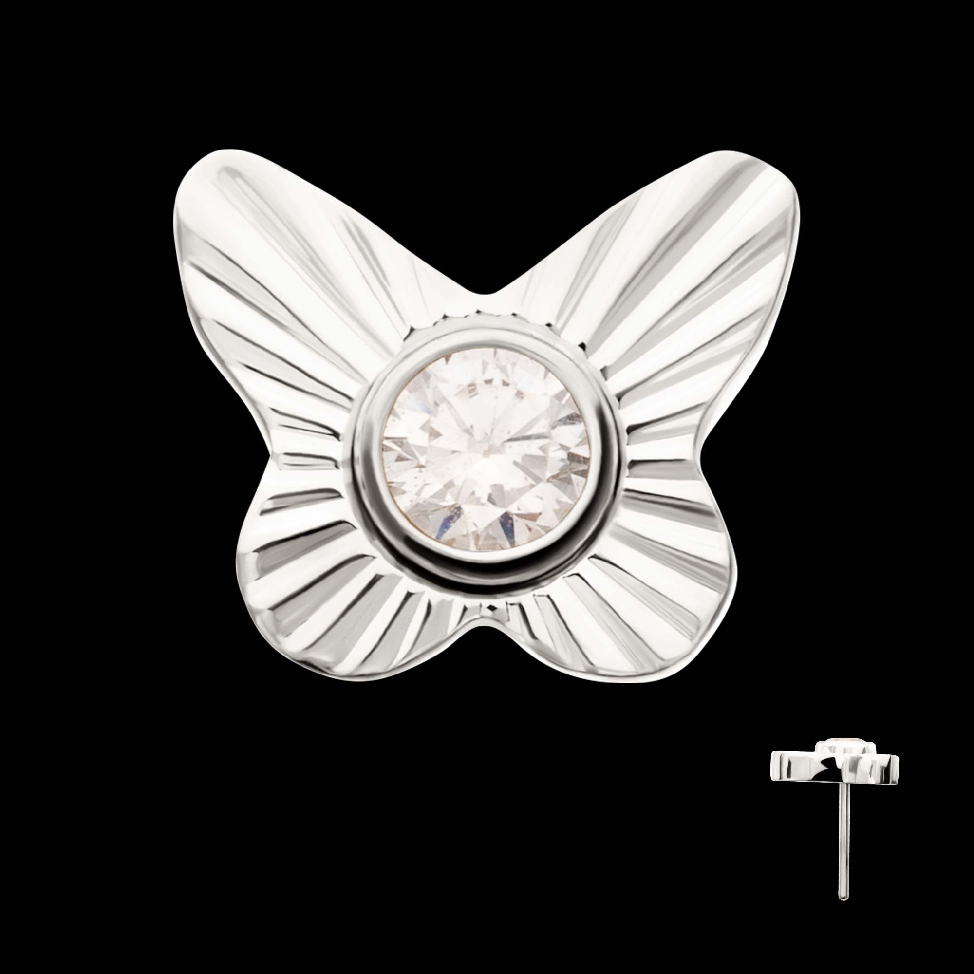Corrugated Butterfly with Bezel Gem Flatback Stud Earring / Nosering - Gem in Titanium