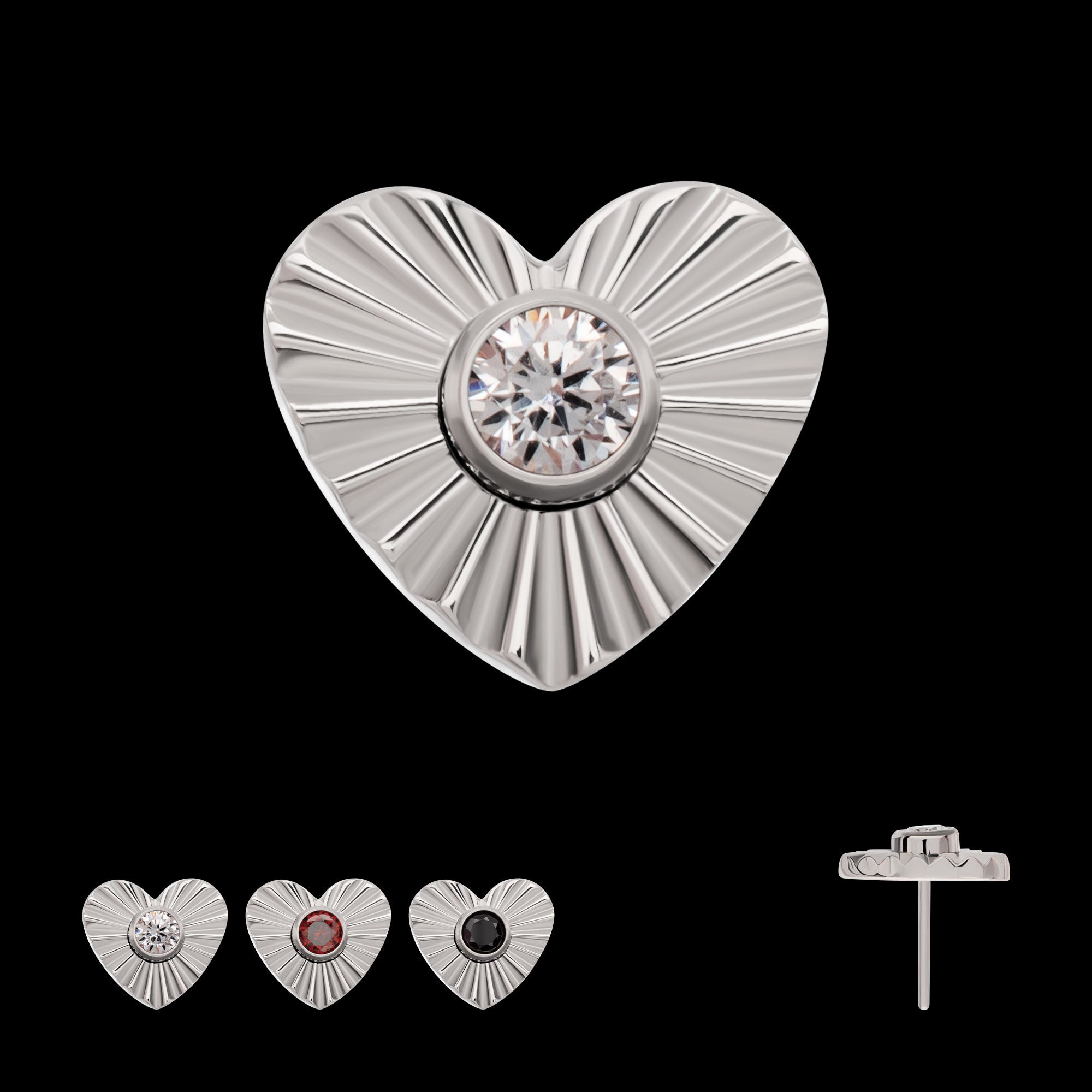 Corrugated Heart with Bezel Gem Flatback Stud Earring / Nosering - Gem in Titanium