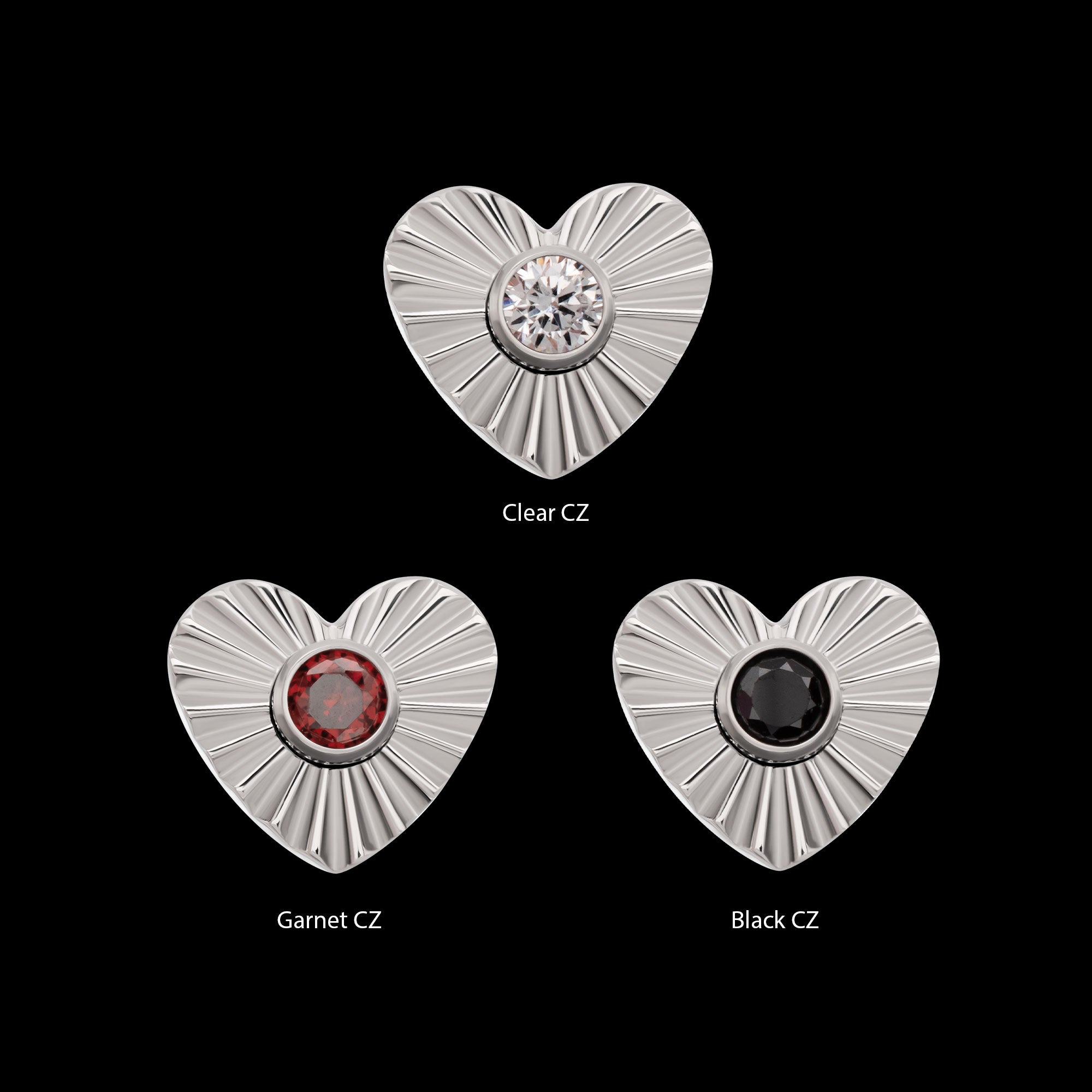 Corrugated Heart with Bezel Gem Flatback Stud Earring / Nosering - Gem in Titanium
