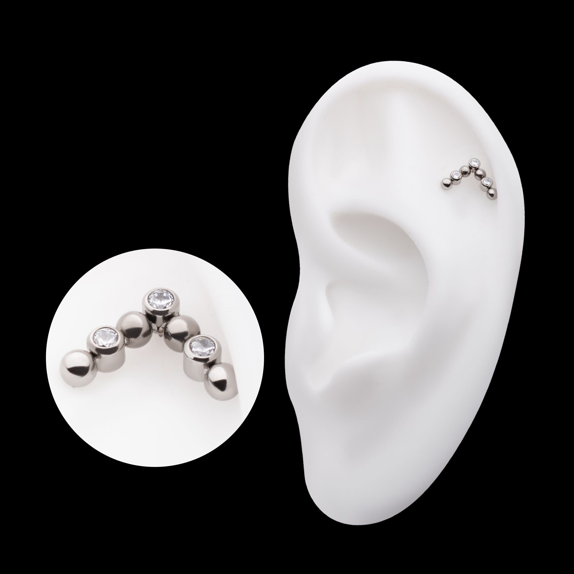 Beads & Bezel Set Round CZ Cluster Chevron Flatback Stud Earring / Nosering - CZ in Titanium