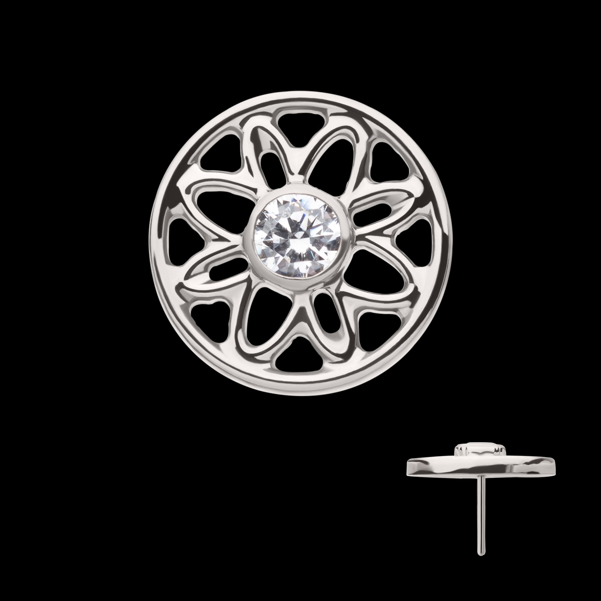 Bezel Set Gem Flower Mandala Flatback Stud Earring / Nosering - Gem in Titanium