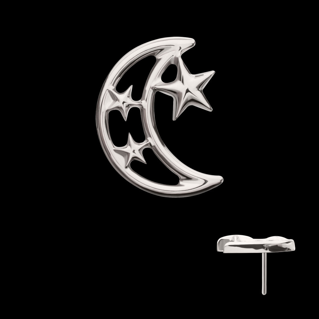 Open Crescent Moon and Stars Flatback Stud Earring / Nosering - Titanium