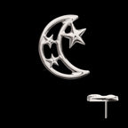 Open Crescent Moon and Stars Flatback Stud Earring / Nosering - Titanium