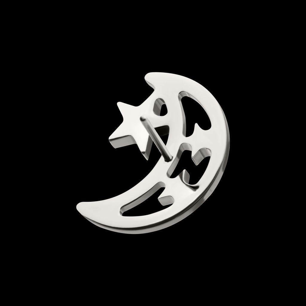 Open Crescent Moon and Stars Flatback Stud Earring / Nosering - Titanium