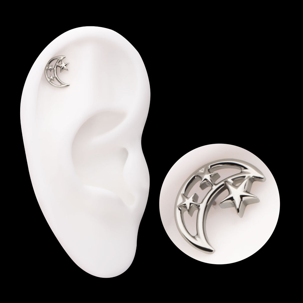 Open Crescent Moon and Stars Flatback Stud Earring / Nosering - Titanium