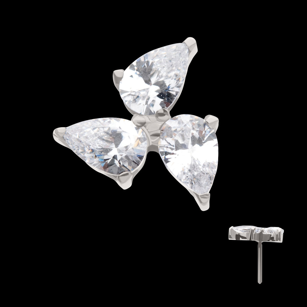 Prong Set Teardrop Gem 3-Cluster Flatback Stud Earring / Nosering - Gem in Titanium