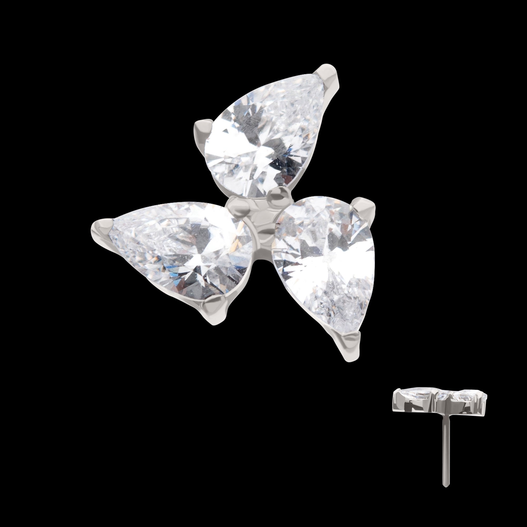 Prong Set Teardrop Gem 3-Cluster Flatback Stud Earring / Nosering - Gem in Titanium