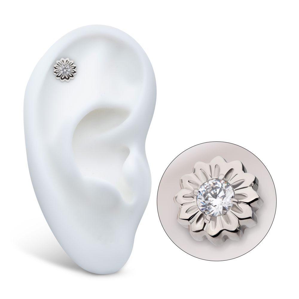 Daisy Flower Prong-Set Gem Threadless Earring / Nosering – Titanium