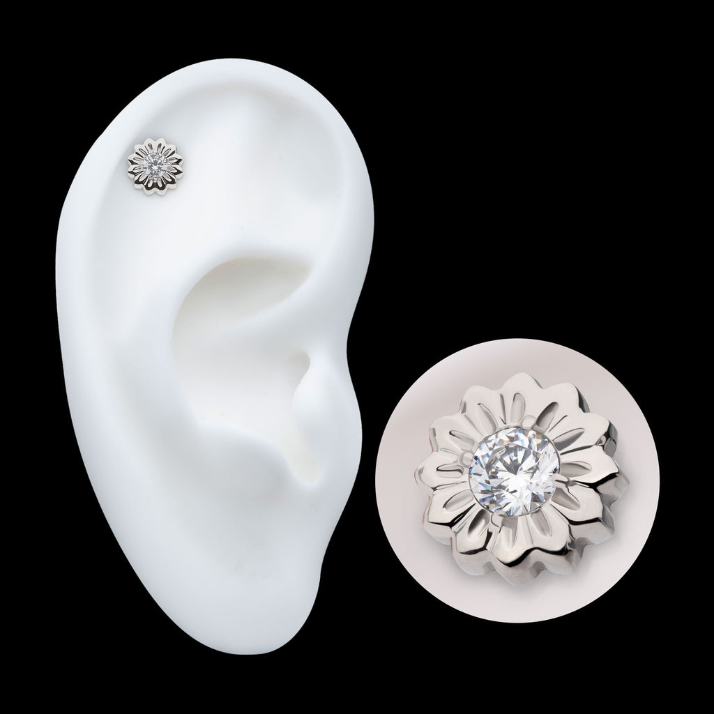 Daisy Flower Prong-Set Gem Threadless Earring / Nosering – Titanium