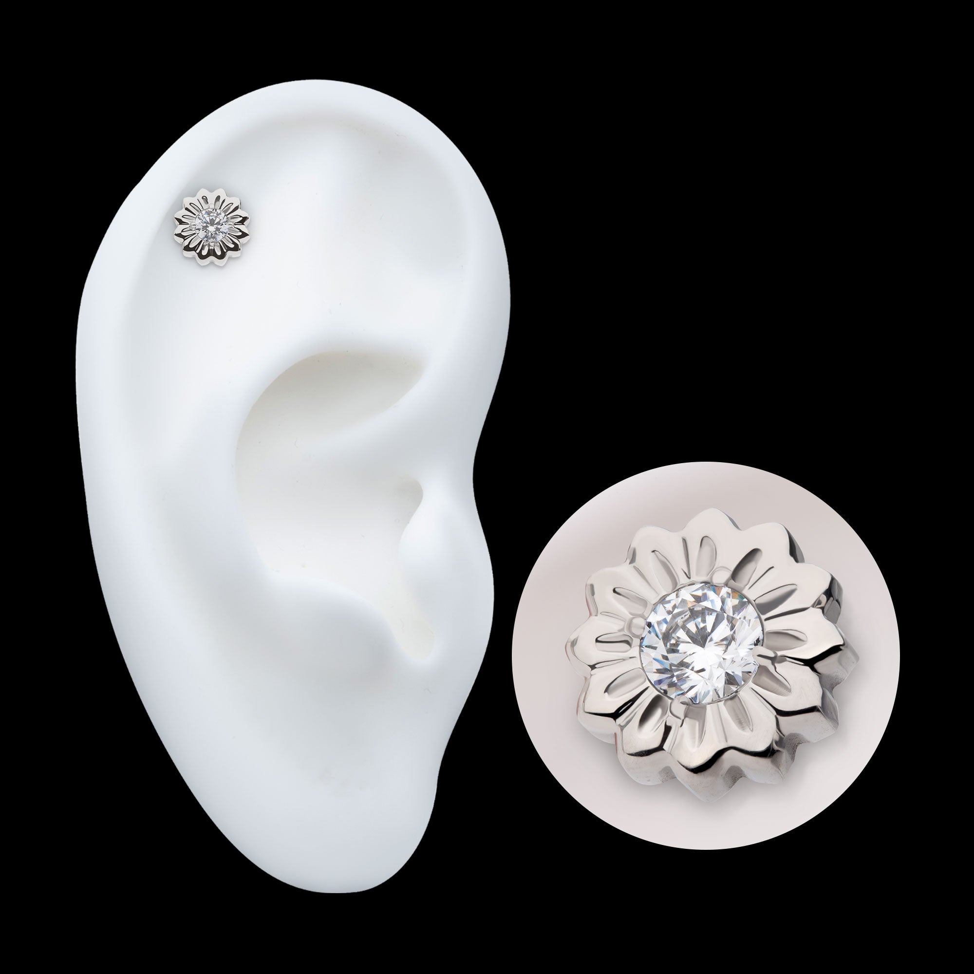 Daisy Flower Prong-Set Gem Threadless Earring / Nosering – Titanium