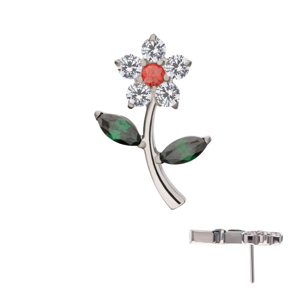 Flower & Stem Threadless Earring / Nosering Top – Gem & Titanium