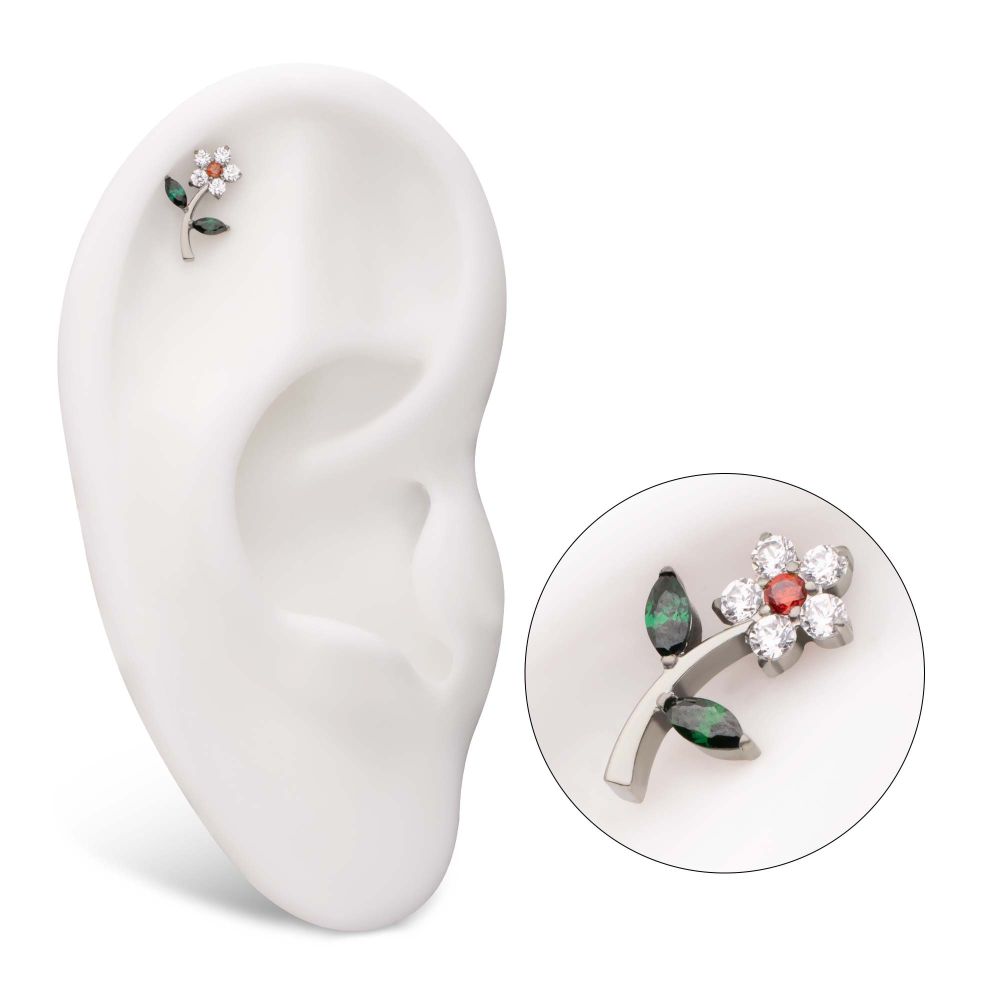 Flower & Stem Threadless Earring / Nosering Top – Gem & Titanium