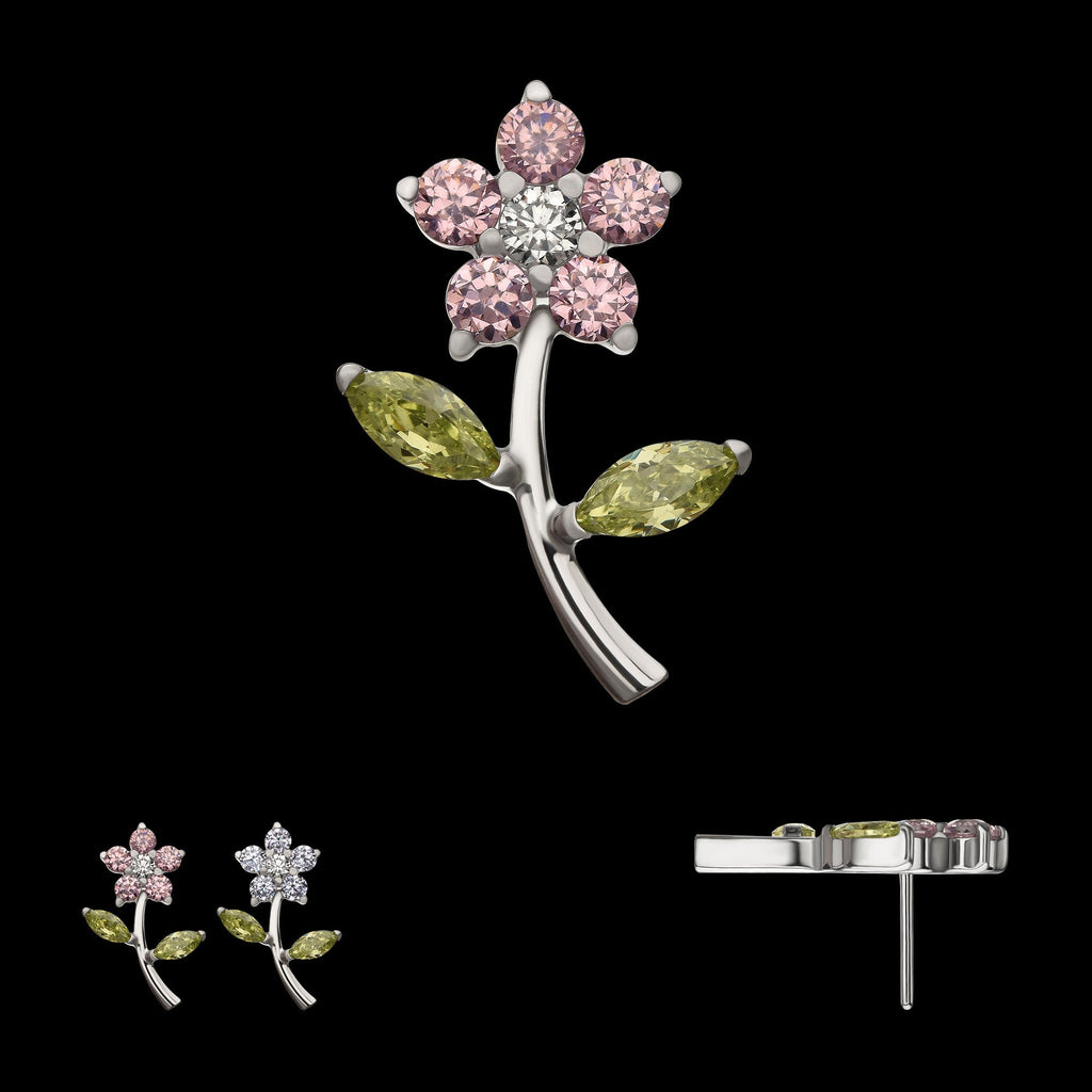 Multi-Gem Flower & Stem Prong-Set Threadless Earring / Nosering – Titanium