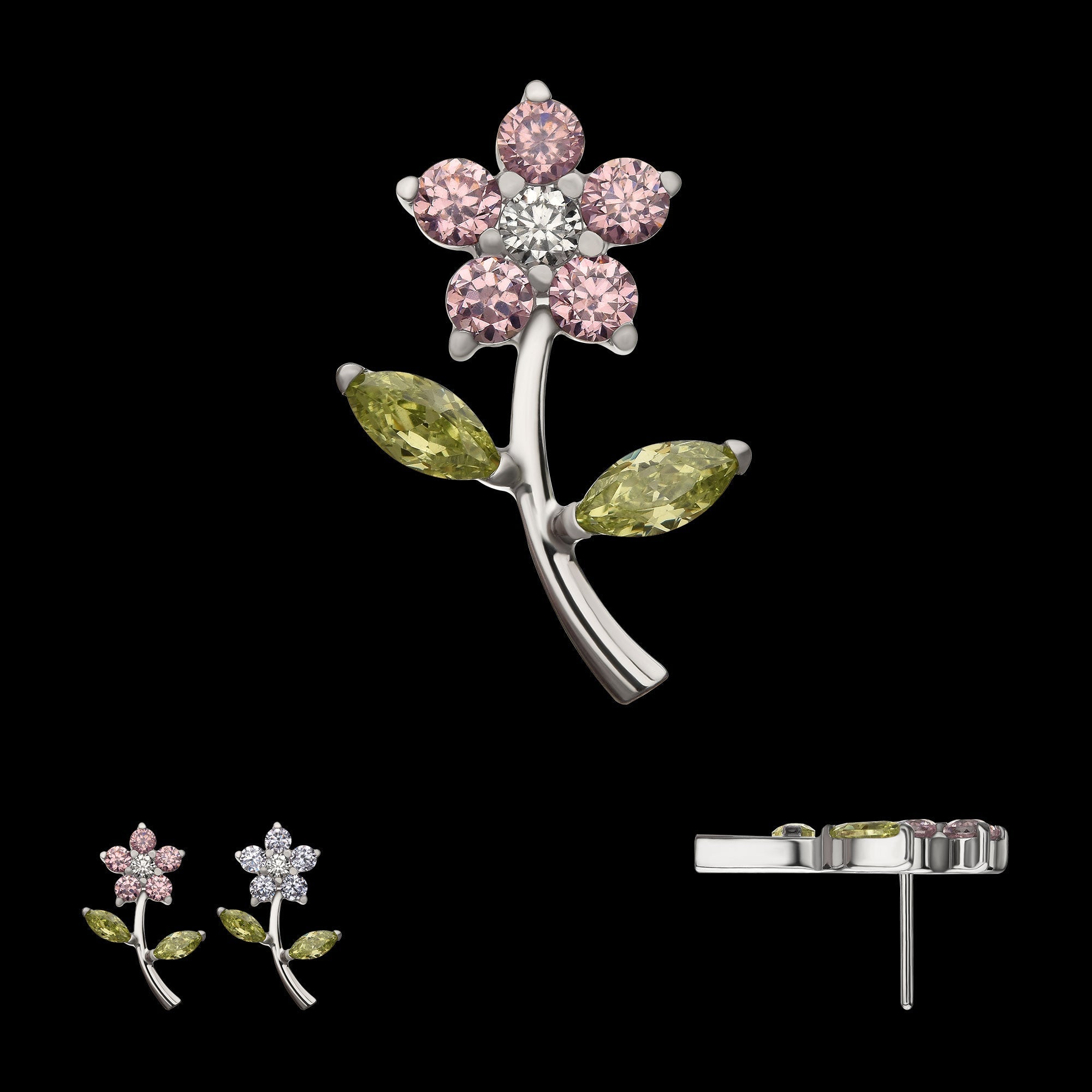 Multi-Gem Flower & Stem Prong-Set Threadless Earring / Nosering – Titanium