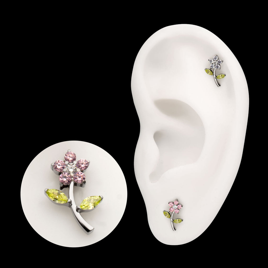 Multi-Gem Flower & Stem Prong-Set Threadless Earring / Nosering – Titanium