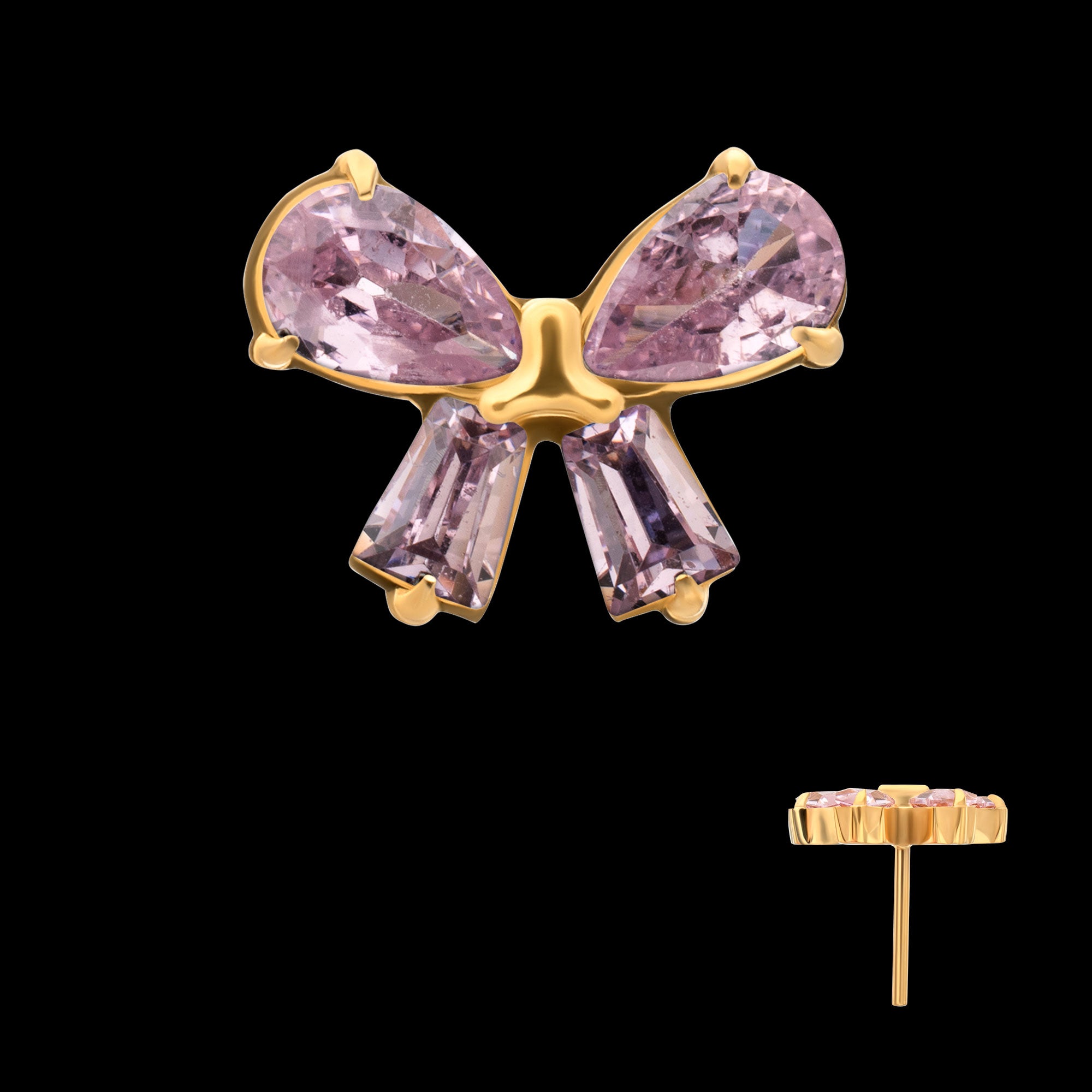 Bow with Prong Set Marquise & Baguette Gem Flatback Stud Earring / Nosering - Gem in 24Kt Gold PVD Titanium
