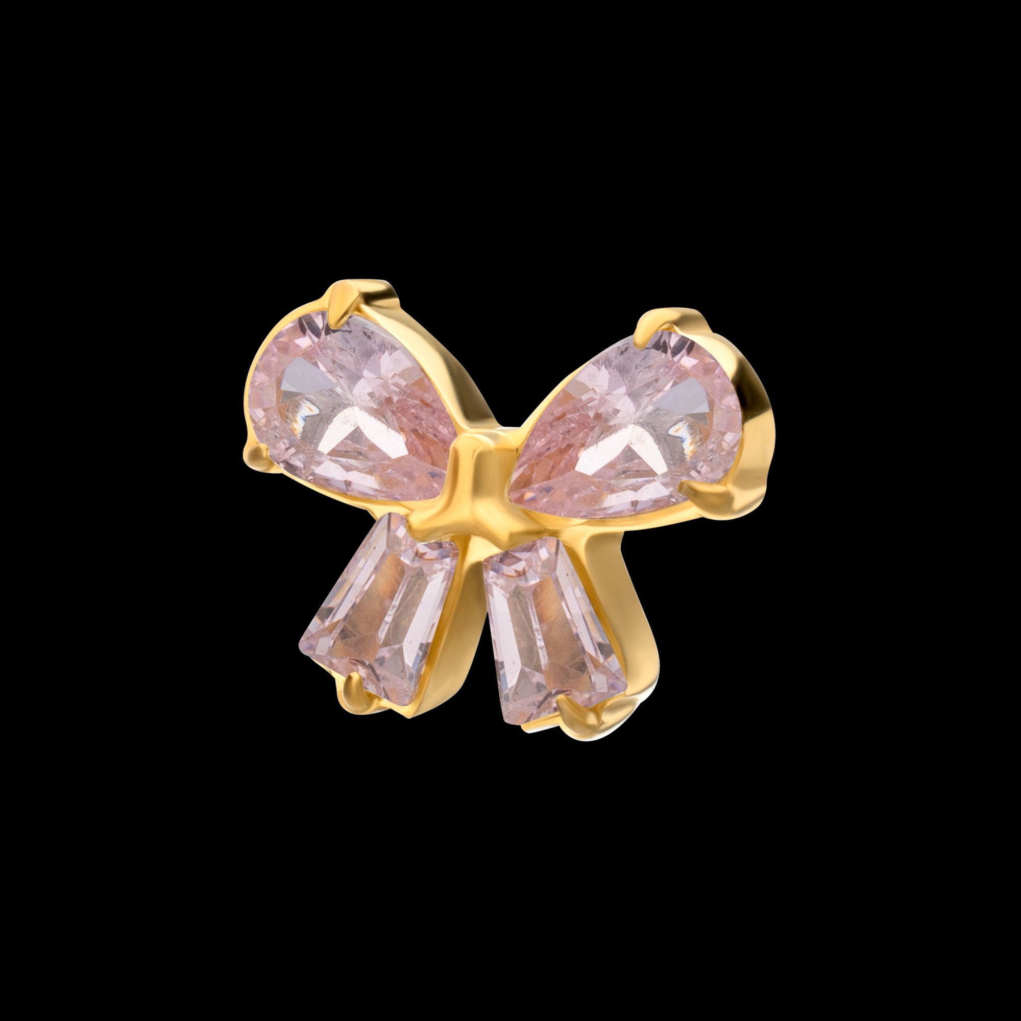 Bow with Prong Set Marquise & Baguette Gem Flatback Stud Earring / Nosering - Gem in 24Kt Gold PVD Titanium