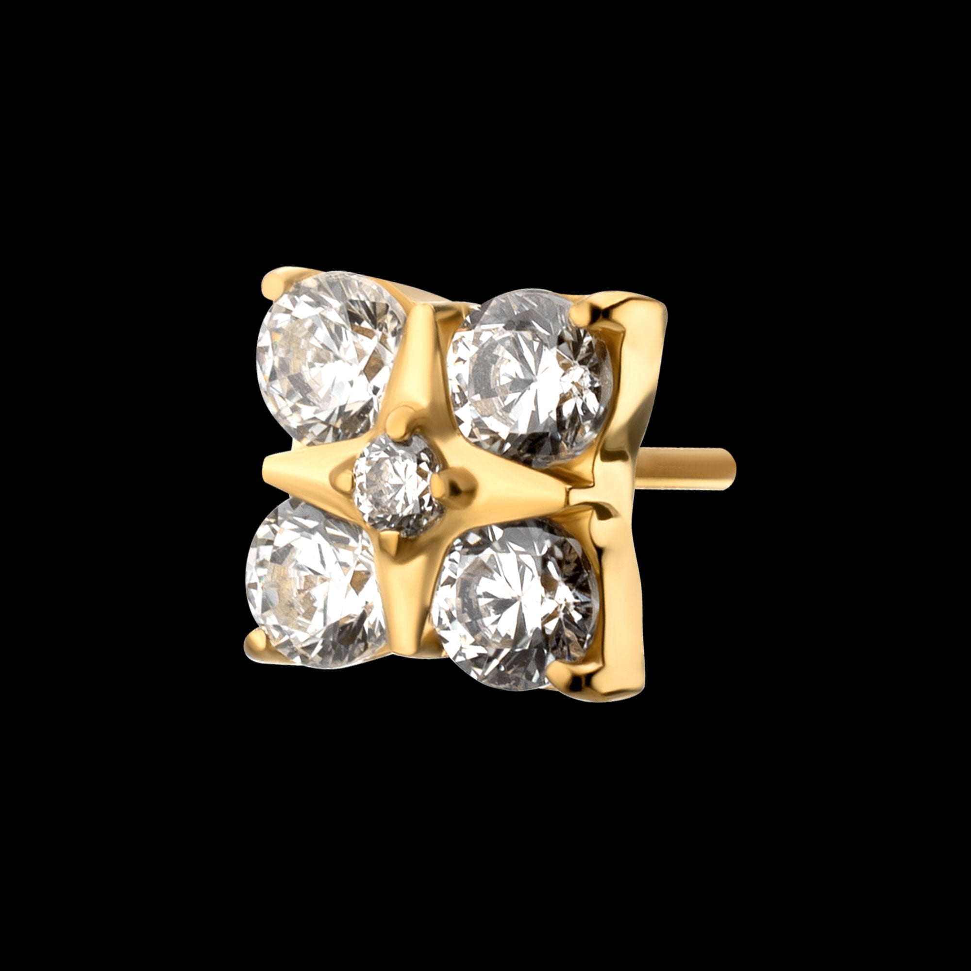 Square Shape with Prong Set 5-Gem Cluster Flatback Stud Earring / Nosering - Gem in 24Kt Gold PVD Titanium