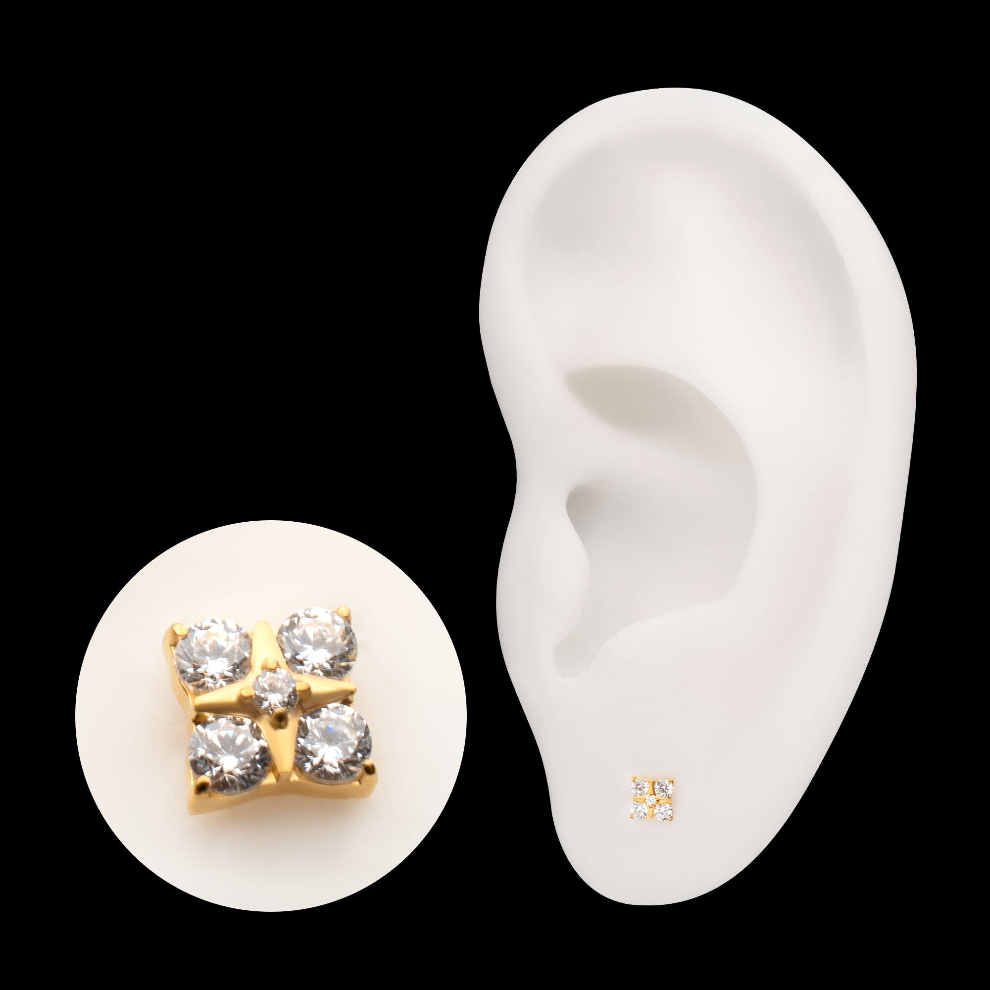 Square Shape with Prong Set 5-Gem Cluster Flatback Stud Earring / Nosering - Gem in 24Kt Gold PVD Titanium