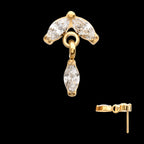 Twin Marquise Gem with Marquise Dangle Flatback Stud Earring / Nosering - Gem in 24Kt Gold PVD Titanium