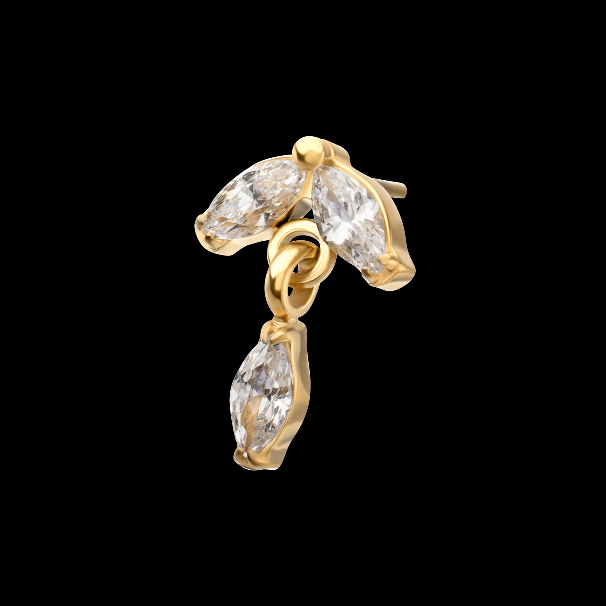 Twin Marquise Gem with Marquise Dangle Flatback Stud Earring / Nosering - Gem in 24Kt Gold PVD Titanium