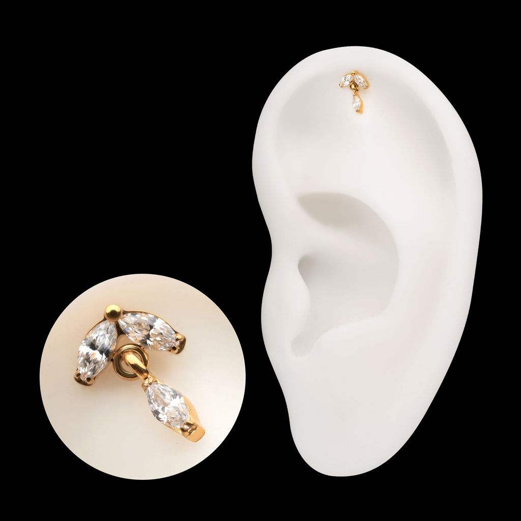 Twin Marquise Gem with Marquise Dangle Flatback Stud Earring / Nosering - Gem in 24Kt Gold PVD Titanium