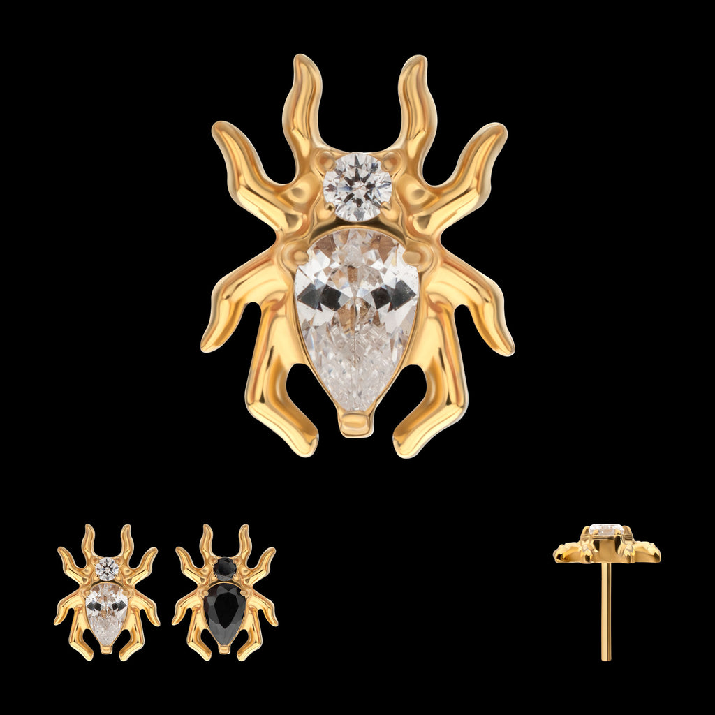 Spider with Teardrop & Round Gem Flatback Stud Earring / Nosering - Gem in 24Kt Gold PVD Titanium