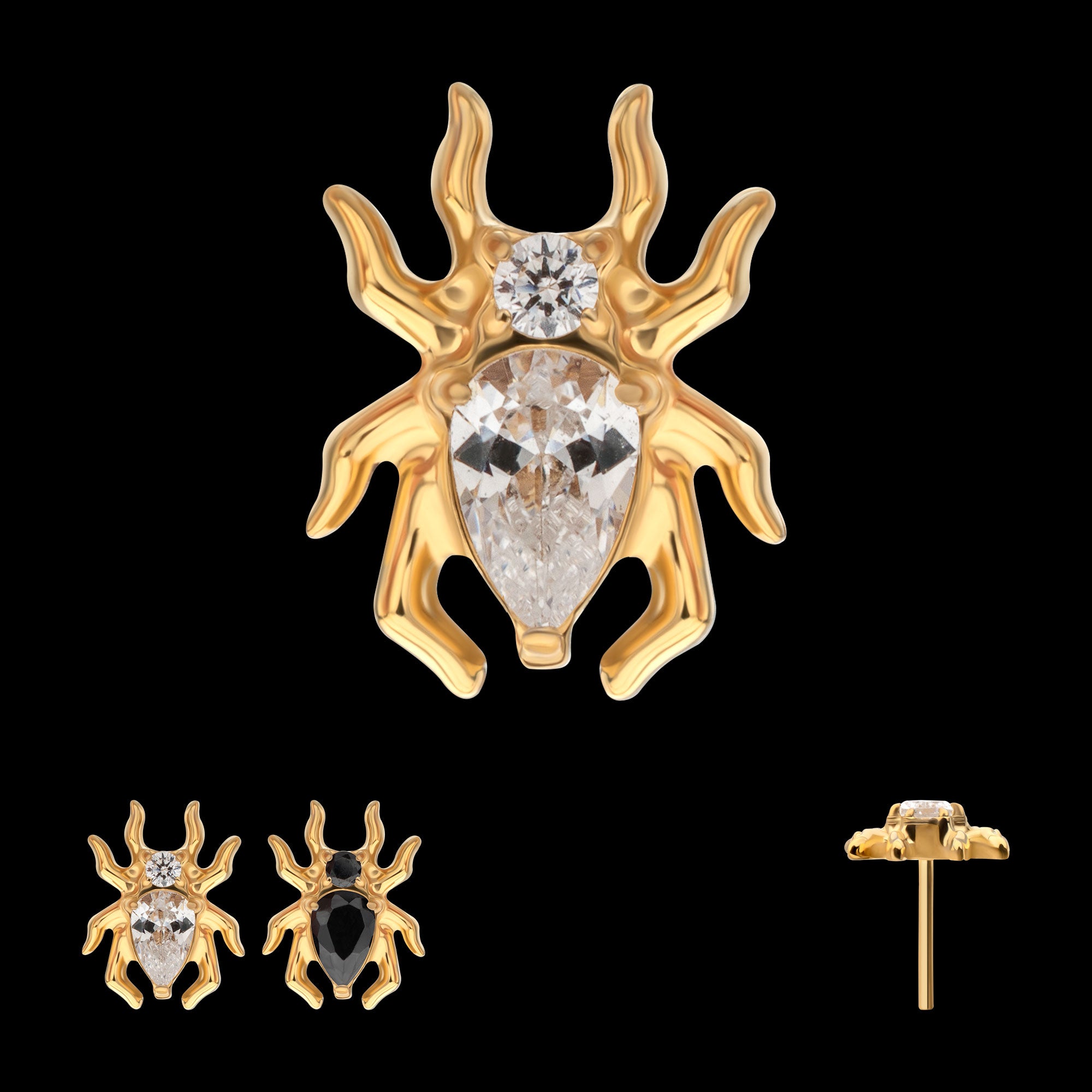 Spider with Teardrop & Round Gem Flatback Stud Earring / Nosering - Gem in 24Kt Gold PVD Titanium