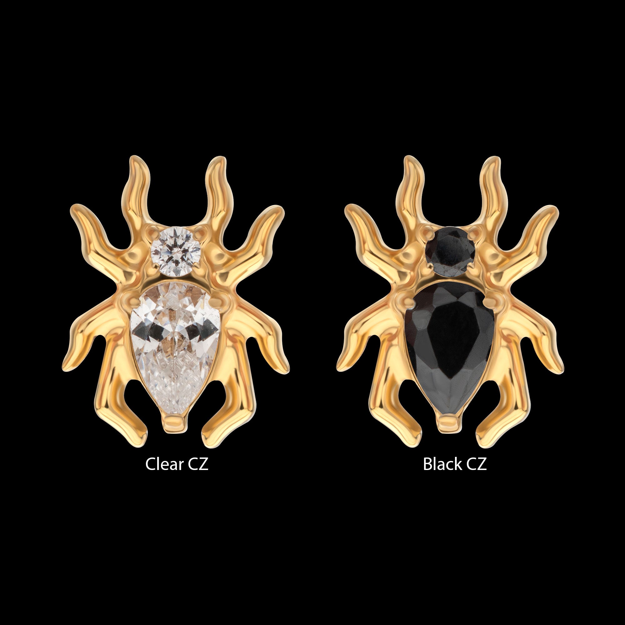 Spider with Teardrop & Round Gem Flatback Stud Earring / Nosering - Gem in 24Kt Gold PVD Titanium
