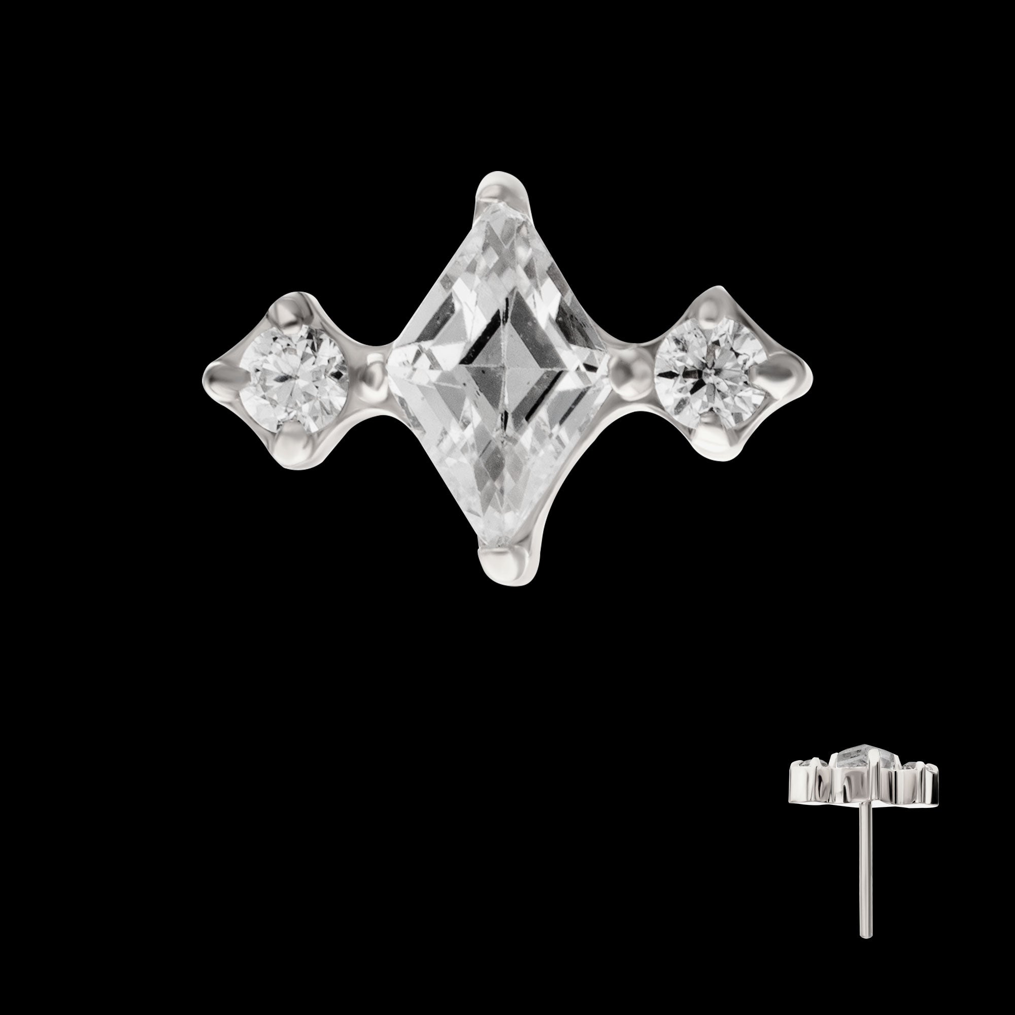 3-Cluster with Prong Set Round & Rhombus Gem Flatback Stud Earring / Nosering - Gem in Titanium