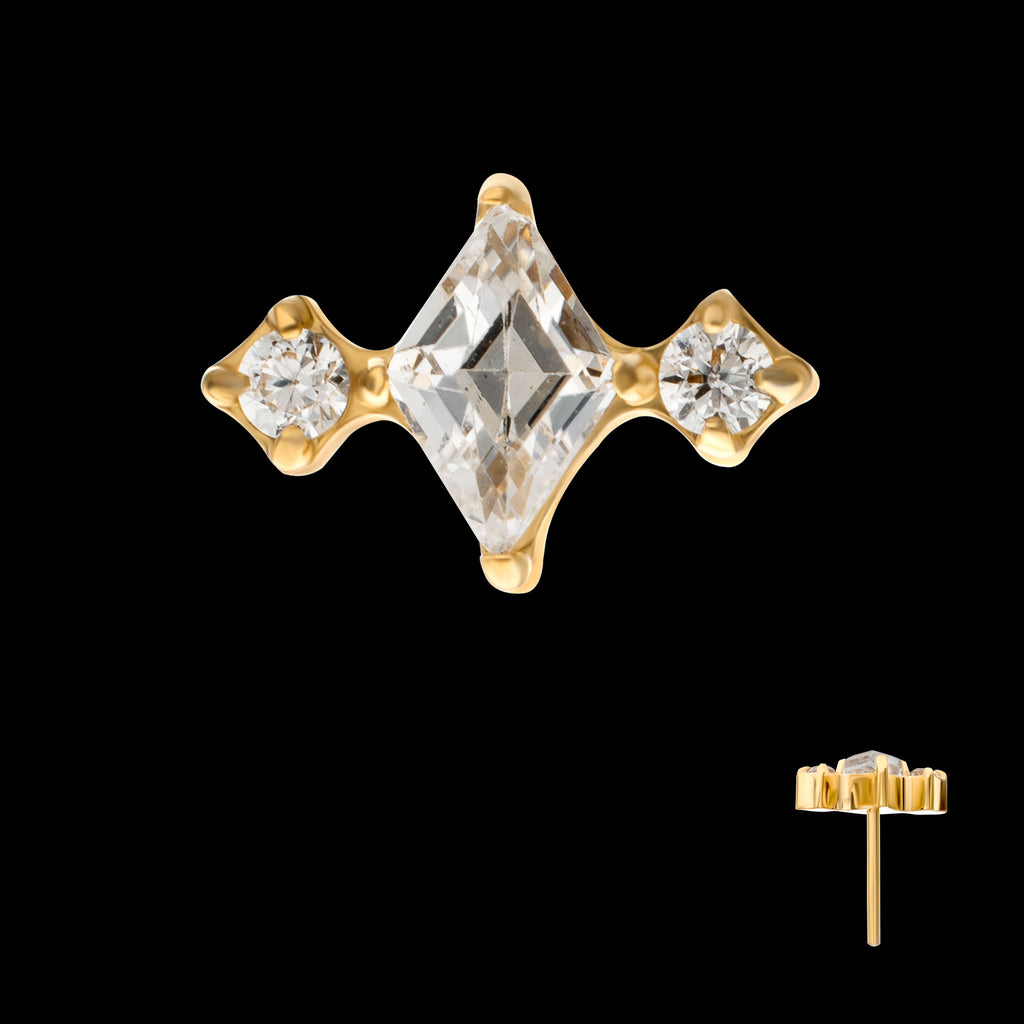 3-Cluster with Prong Set Round & Rhombus Gem Flatback Stud Earring / Nosering - Gem in 24Kt Gold PVD Titanium