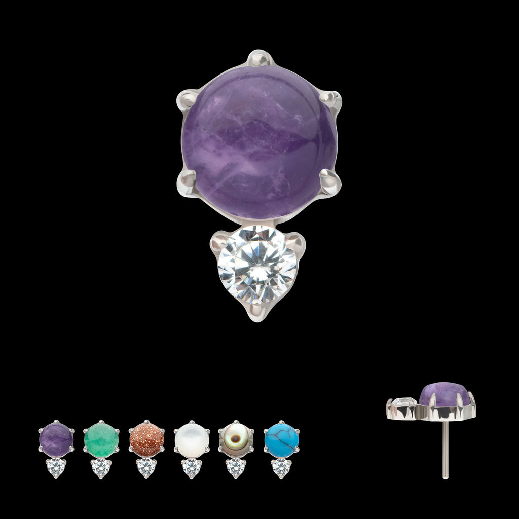 Prong Set Double Round Gem and Natural Stone Flatback Stud Earring / Nosering