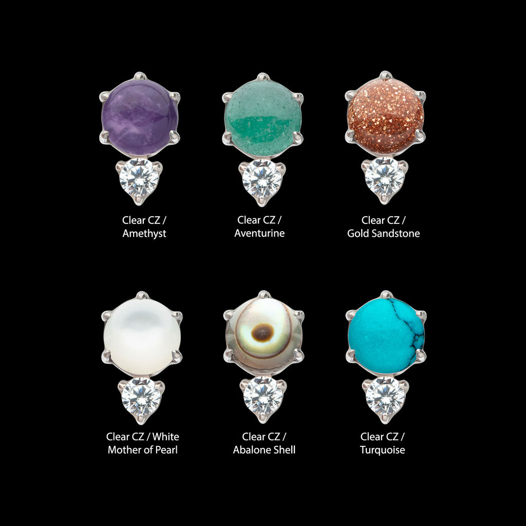 Prong Set Double Round Gem and Natural Stone Flatback Stud Earring / Nosering