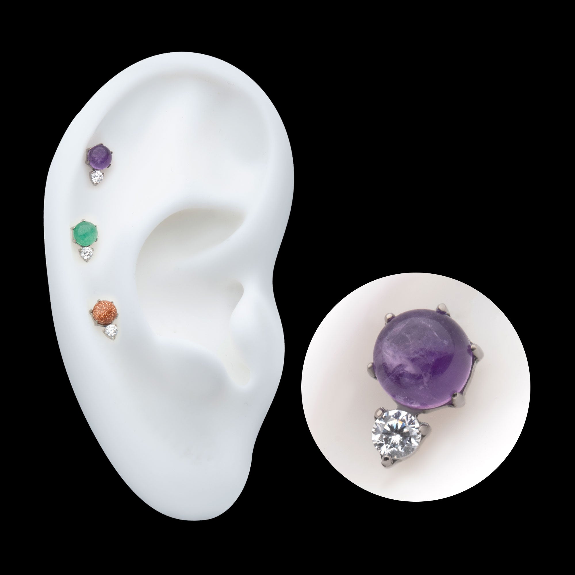 Prong Set Double Round Gem and Natural Stone Flatback Stud Earring / Nosering