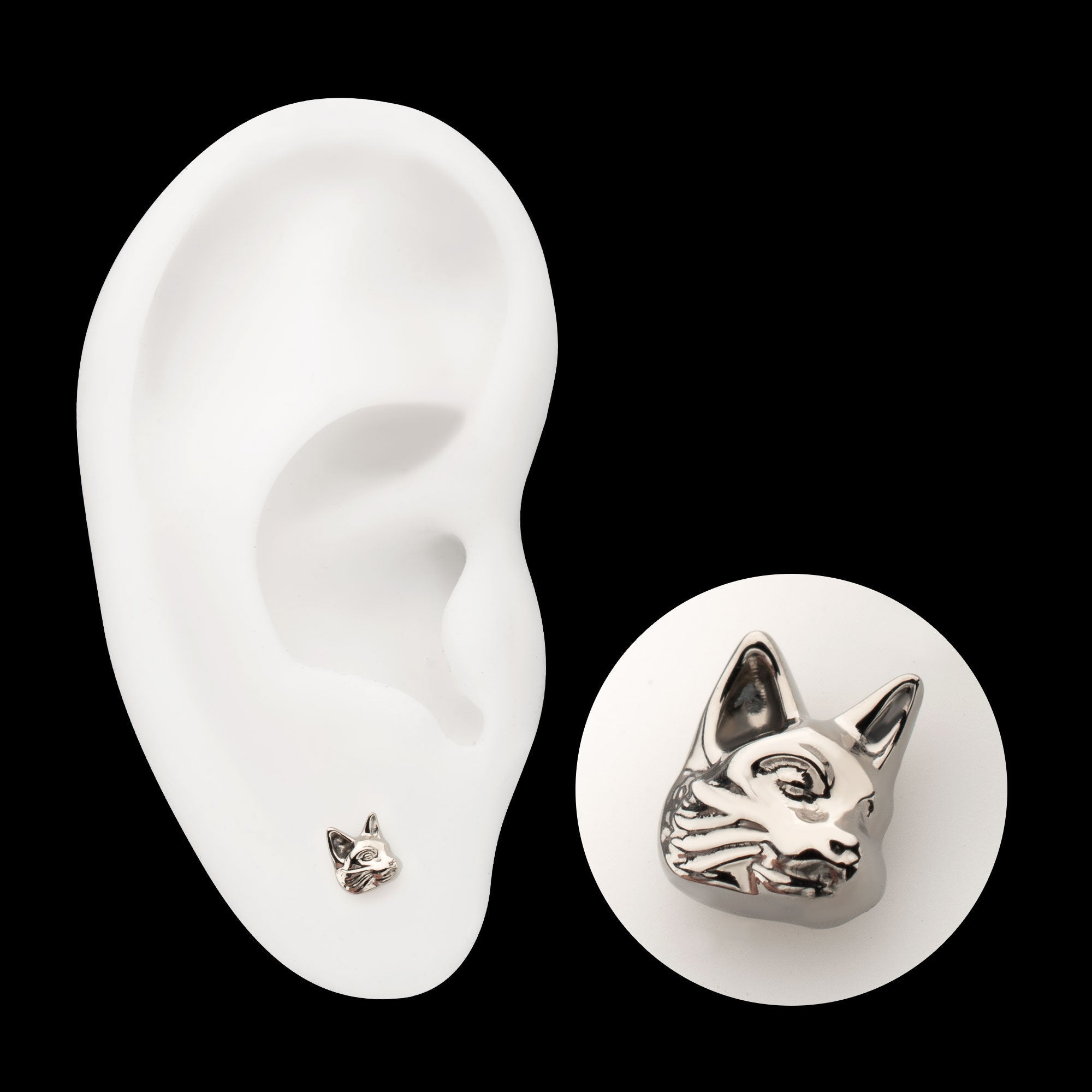 Low-Profile 3D Cat's Head Threadless Earring / Nosering – Titanium