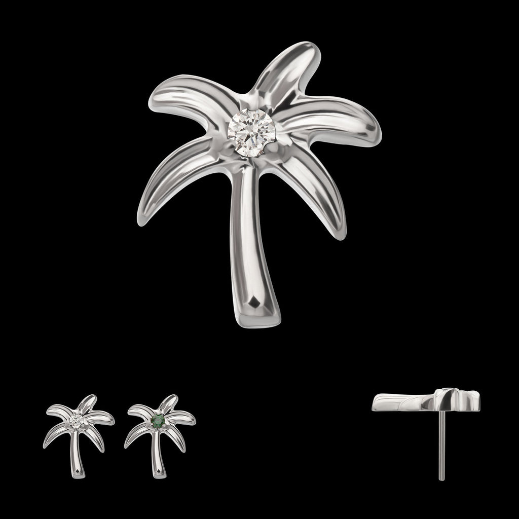 3D Palm Tree Prong-Set Gem Low-Profile Threadless Earring / Nosering – Titanium