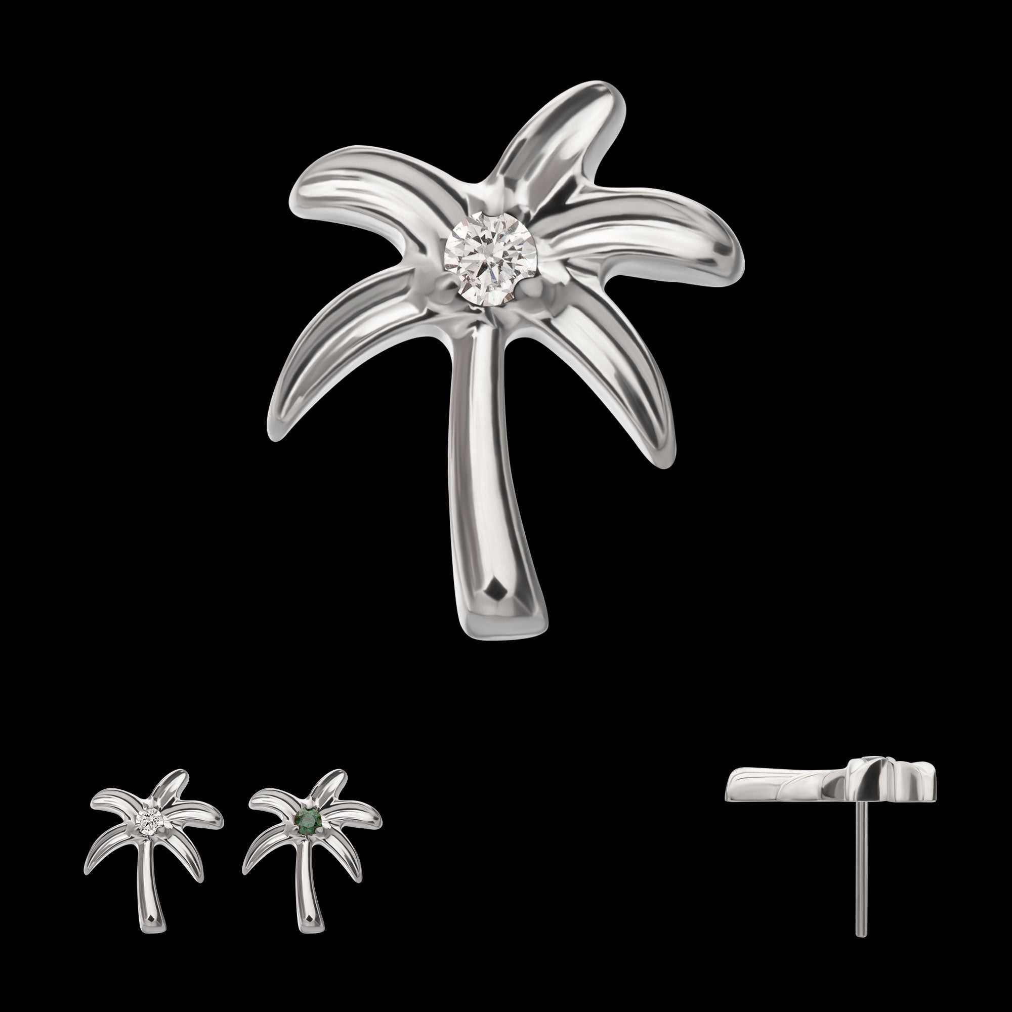 3D Palm Tree Prong-Set Gem Low-Profile Threadless Earring / Nosering – Titanium