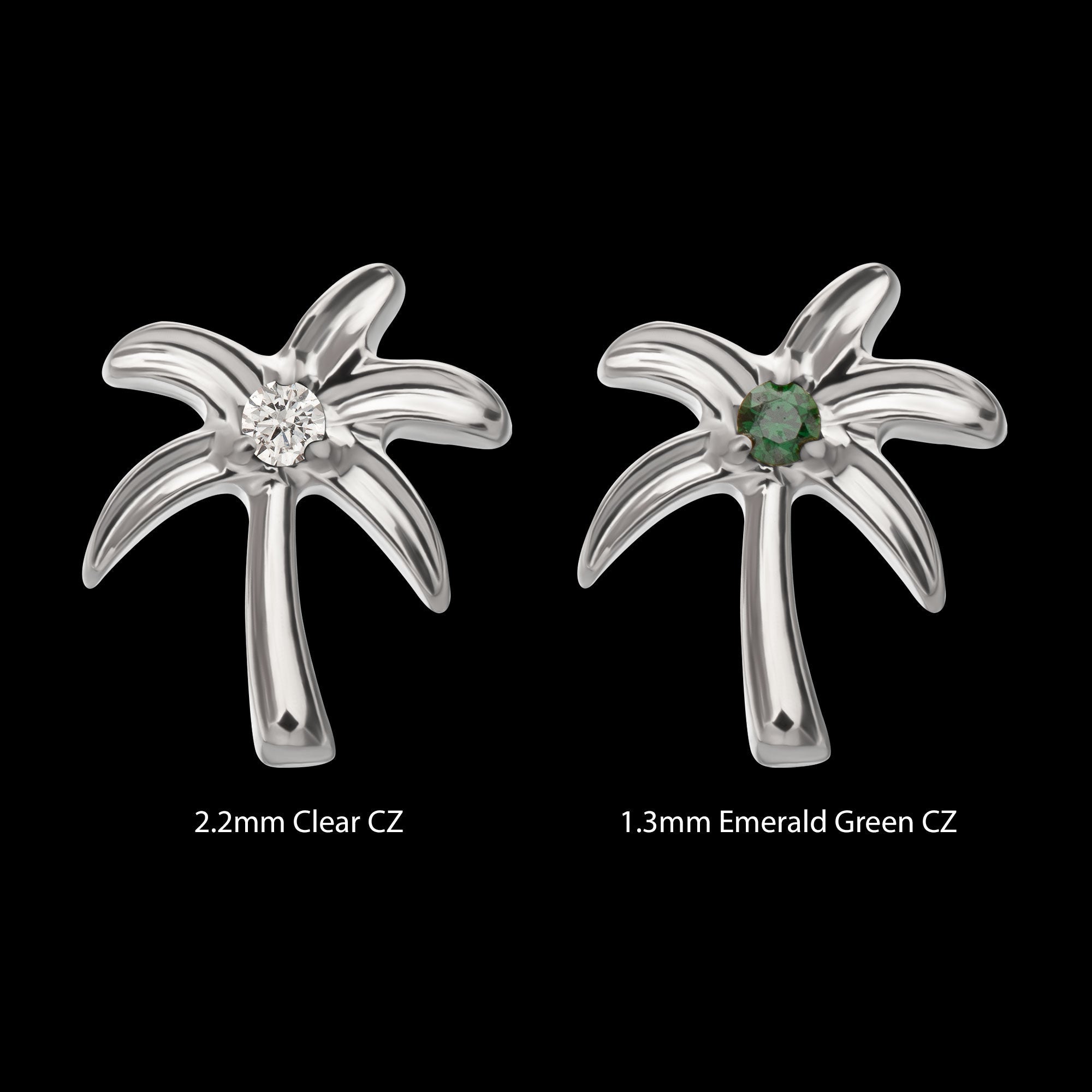 3D Palm Tree Prong-Set Gem Low-Profile Threadless Earring / Nosering – Titanium
