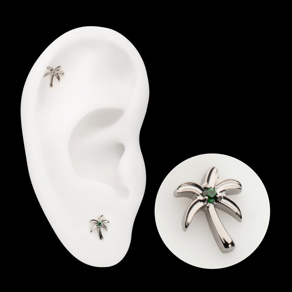 3D Palm Tree Prong-Set Gem Low-Profile Threadless Earring / Nosering – Titanium
