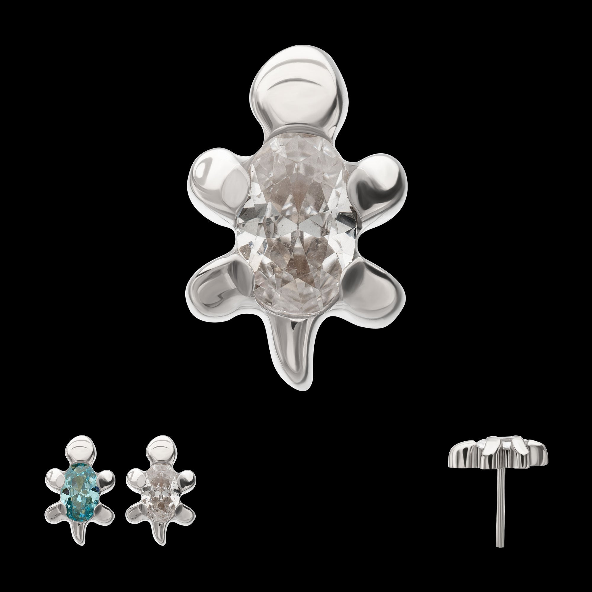 3D Sea Turtle Prong-Set Oval Gem Low-Profile Threadless Earring / Nosering – Titanium