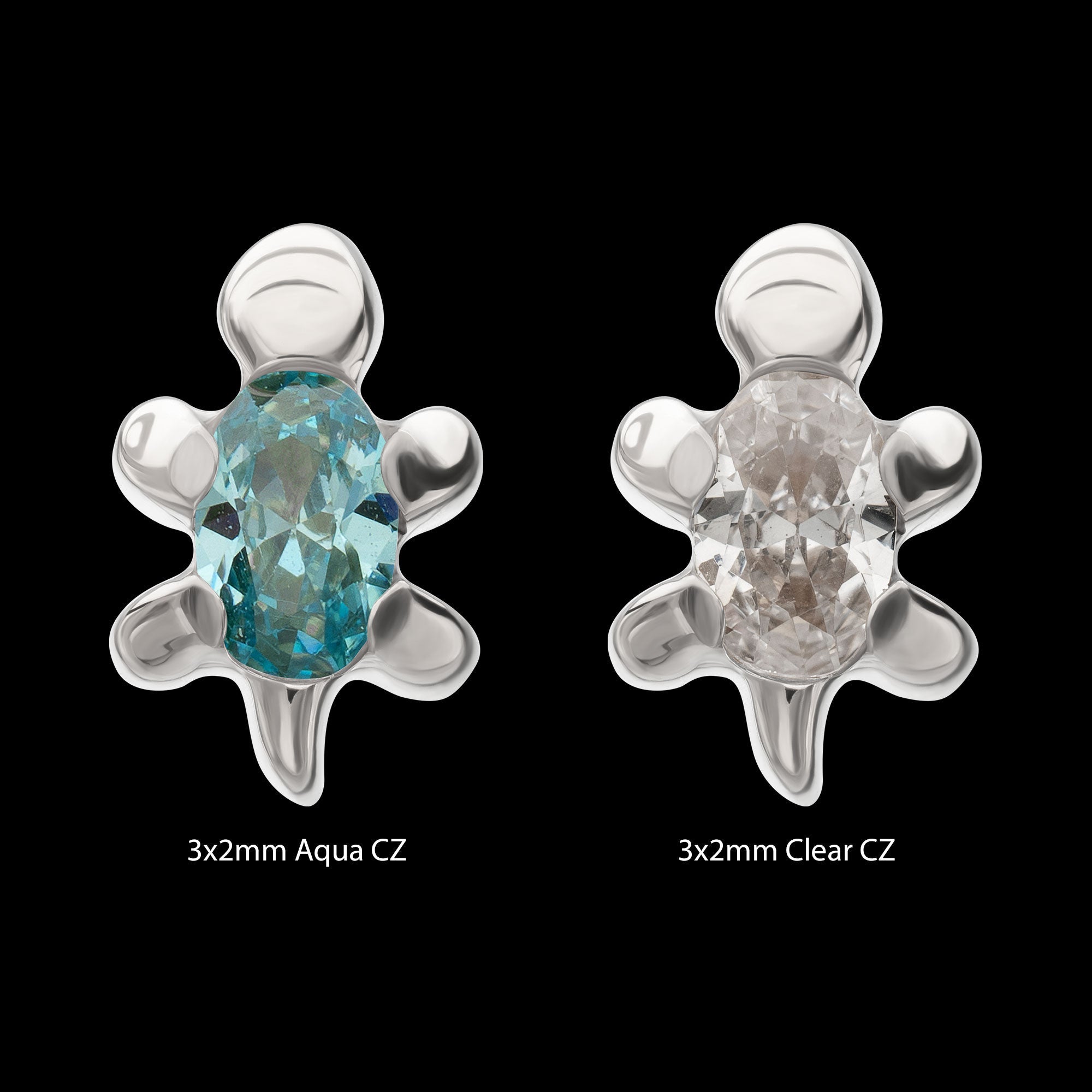 3D Sea Turtle Prong-Set Oval Gem Low-Profile Threadless Earring / Nosering – Titanium