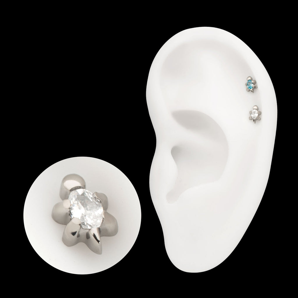 3D Sea Turtle Prong-Set Oval Gem Low-Profile Threadless Earring / Nosering – Titanium