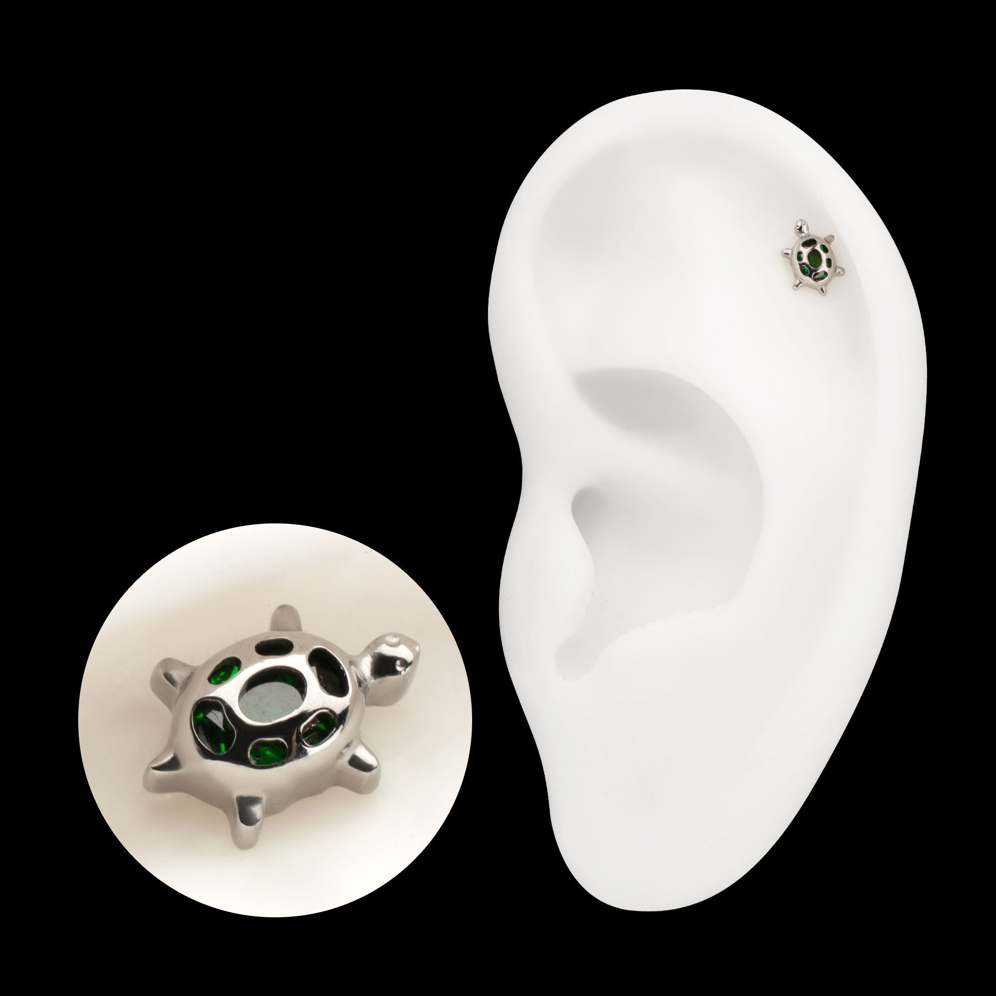 Low-Profile Cut-Out Back Land Turtle with Emerald CZ Gem Threadless Earring / Nosering – Titanium